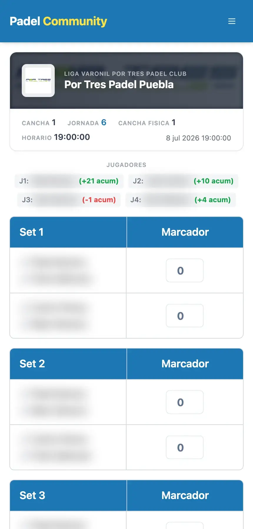 Pantalla para capturar el resultado de una cancha de liga de pádel desde el celular, con tres sets y suplentes