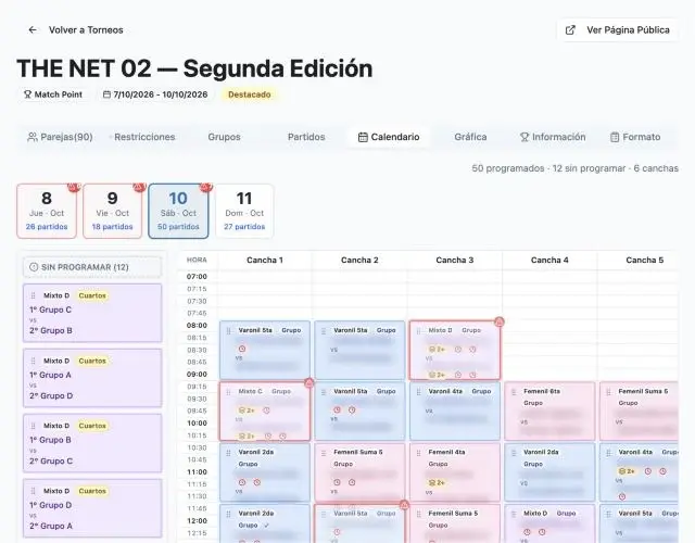 Calendario de un torneo de pádel por cancha y horario, con partidos de gráfica pendientes de programar